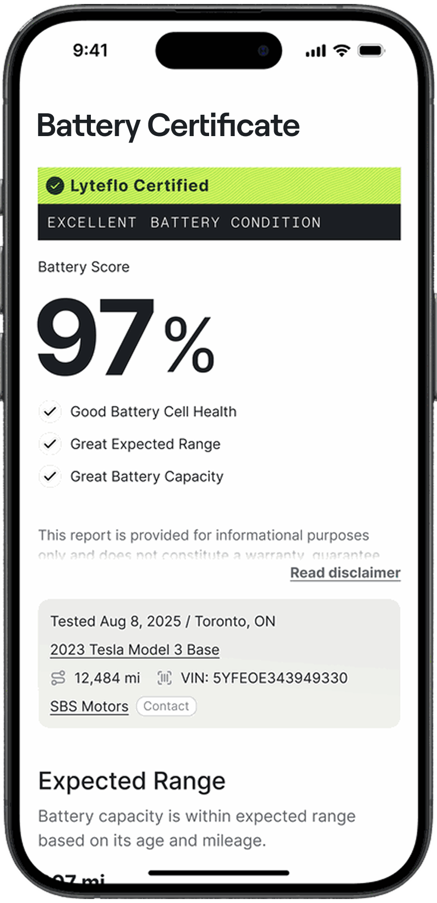 Lyteflo battery report showing a 97% Lyteflo Certified battery score for a 2023 Tesla Model 3